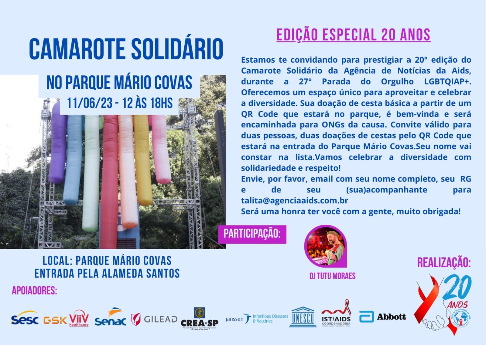 Convite para o Camarote Solidário 2023 da Agência Aids
